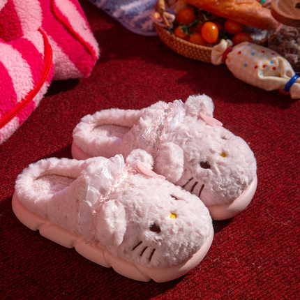 凯蒂猫秋冬季毛绒拖鞋加厚保暖HelloKitty卡通室内家居鞋可爱女生