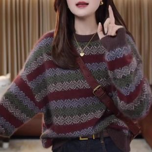 针织条纹上衣 毛衣轻熟圆领长袖 秋冬新款 大朗毛衣加厚复古洋气时尚