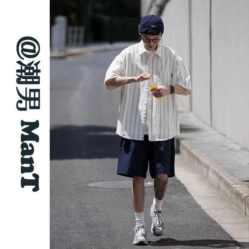 潮牌翻领五分袖日系条纹衬衫
