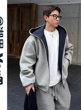 美式高街灰色重磅连帽卫衣男女同款春秋潮牌宽松休闲拉链开衫外套