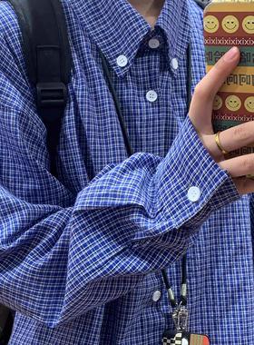 美式复古经典蓝色格纹长袖衬衫男女学院风慵懒宽松格子衬衣外套