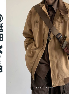 日系复古刺绣设计卡其色工装外套男女学生潮牌飞行服拼色夹克衫