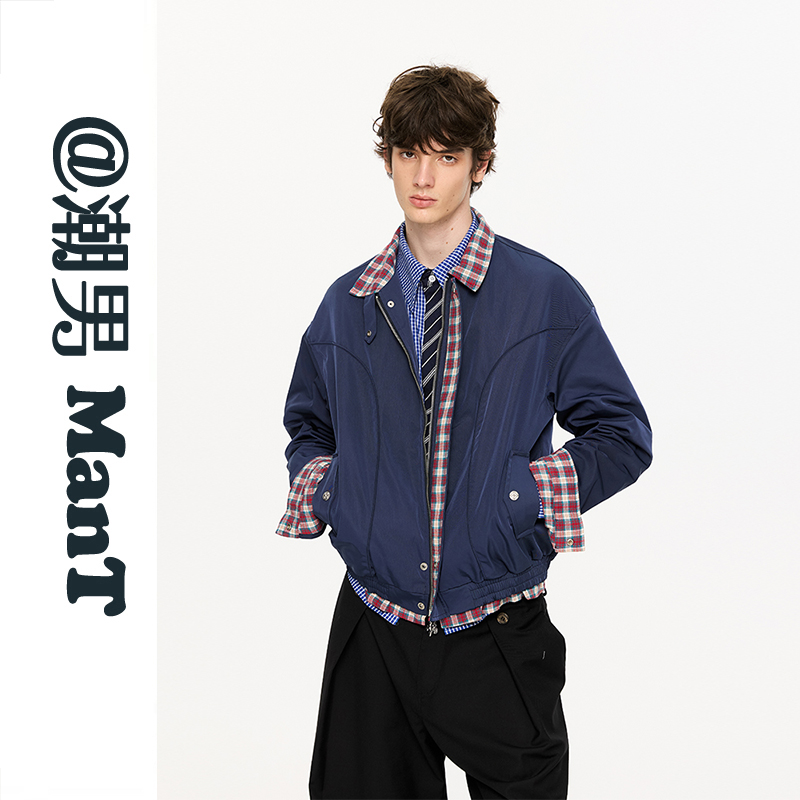 美式复古拼接假两件立领夹克外套