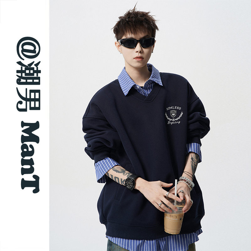 美式复古假两件条纹拼接卫衣男女