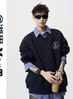 美式学院风假两件拼接polo领卫衣男女春秋潮牌宽松情侣装长袖上衣
