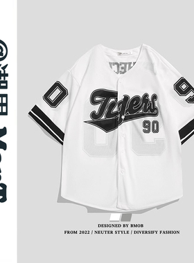 美式hiphop开衫棒球服短袖衬衫男女夏季学生字母印花五分袖衬衣