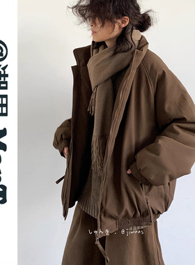 冬季日系复古美拉德咖啡色竖条纹棉衣外套男女中性风加厚保暖棉袄