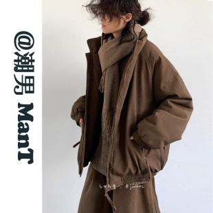 冬季日系复古美拉德咖啡色竖条纹棉衣外套男女中性风加厚保暖棉袄