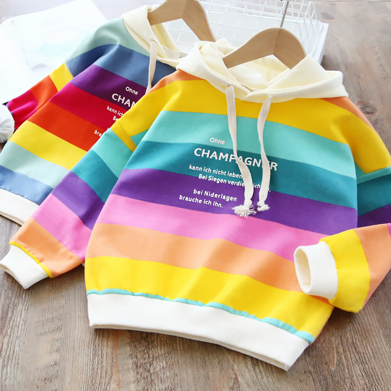 女童卫衣2020春季新款韩版宝宝彩虹条纹上衣男童宽松连帽套头T恤|msdalam kategori Kanak-kanak/Bayi/Keluarga dipasang, sweater/Fleece - dari Buy2taobao.com untuk memberikan perkhidmatan ejen Taobao profesional membeli