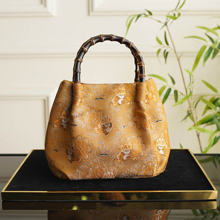 熊猫舞狮 金色小众手拎包 重磅宋锦非遗真丝竹节包手提包国风中式