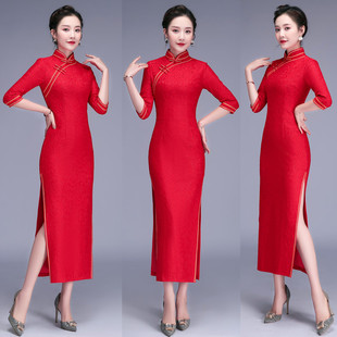 新款 复合蕾丝走秀演出金花外嫁女回娘家活动 红色长旗袍七分袖