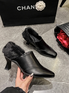 （清仓）粗跟方头加绒小踝靴女冬季外穿百搭小众单鞋高跟鞋