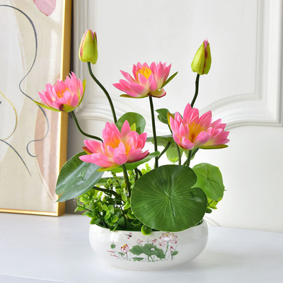 新中式仿真荷花莲花花艺套装摆件现代家居客厅假花小盆栽装饰摆设