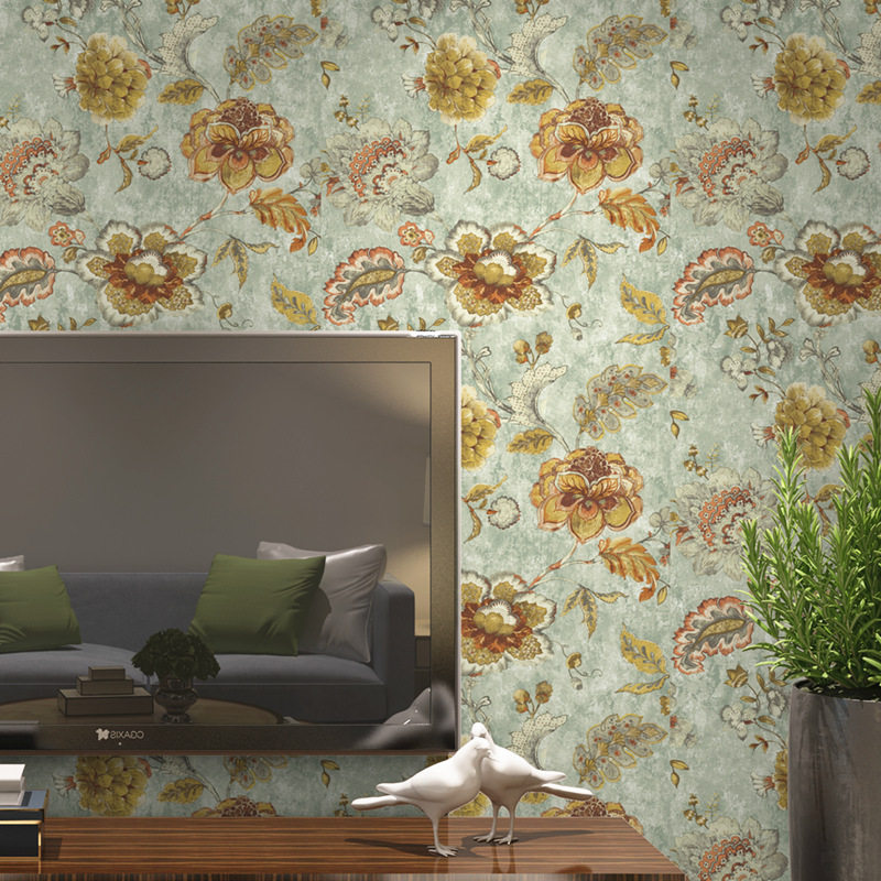 美式乡村复古斑驳做旧无缝墙布田园花卉背景墙壁纸印花壁布效果图