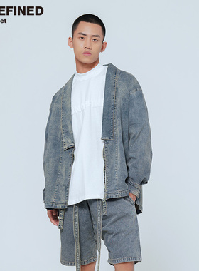 undefined高街欧美FOG风格东方韵味纳米水洗做旧牛仔潮牌道袍