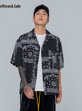 Undefined高街春季新款落肩丝质垂感面料腰果花骚气潮款短袖衬衫