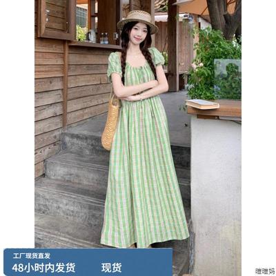 绿色格纹系带连衣裙女恋夏风穿搭复古日系收腰度假风法式茶歇长裙