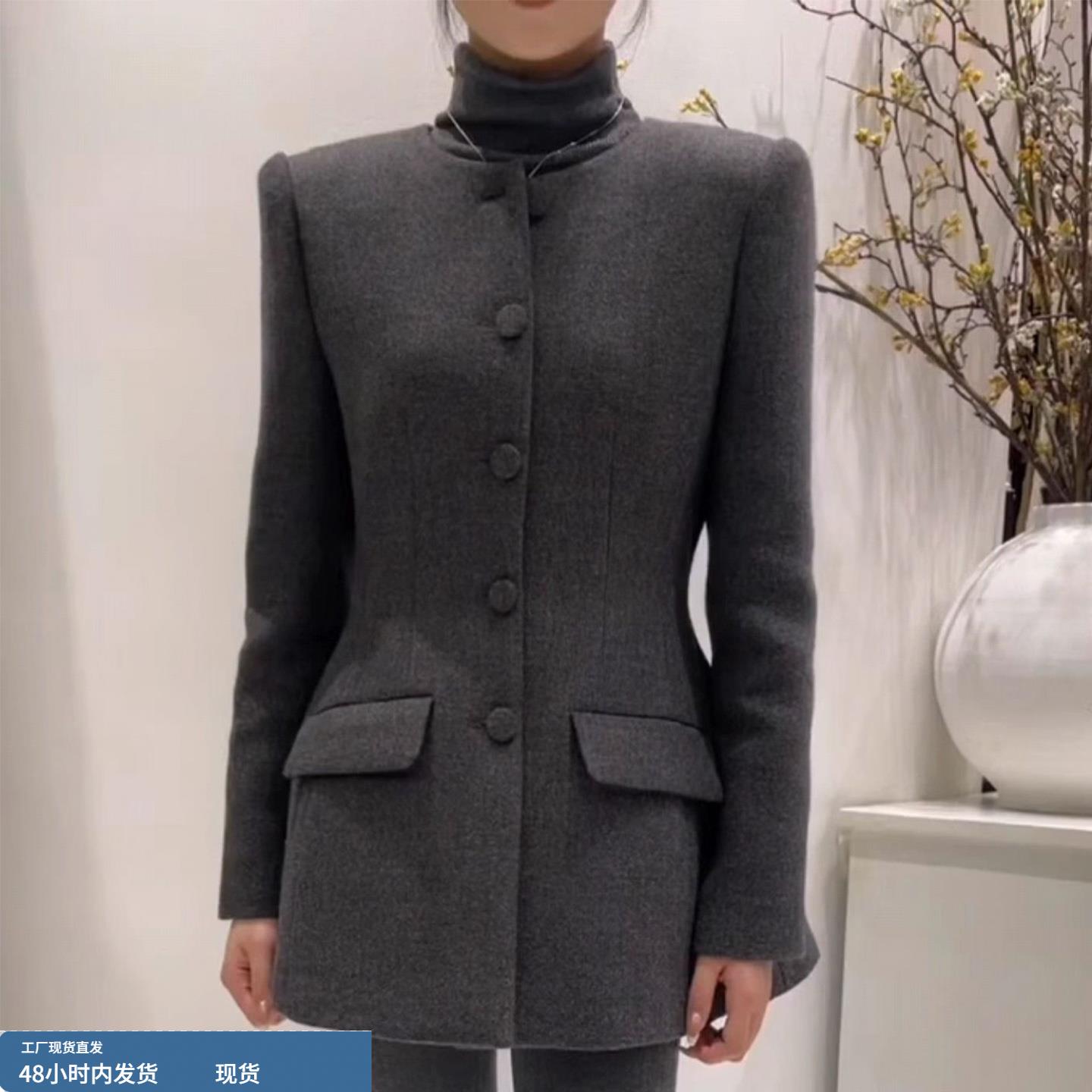 欧洲站沙漏腰西装毛呢外套女2025冬季简约高级感显瘦灰色呢子大衣