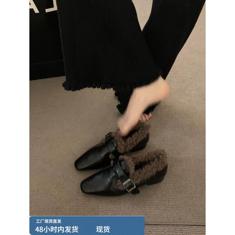 配裙子秋夏保暖棉鞋粗跟玛丽珍鞋毛毛鞋女新款棕色加绒单鞋女鞋子