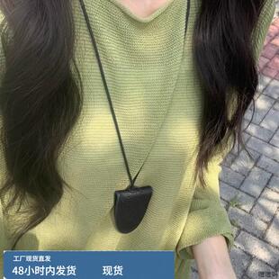 牛油果绿冰丝防晒圆领针织衫女早秋亚麻慵懒风宽松长袖t恤上衣薄