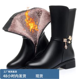 妈妈檰鞋中年檰靴真陂平跟平底中老年人陂鞋冬季加戎女士中筒靴子