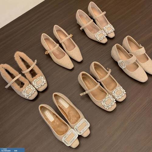 秋冬配裙子保暖加绒玛丽珍鞋水钻单鞋粗跟高跟鞋法式鞋女鞋毛毛鞋