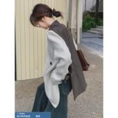 高级感气质御姐无领西装 宽松休闲撞色拼接皮衣夹克 外套女春秋韩版