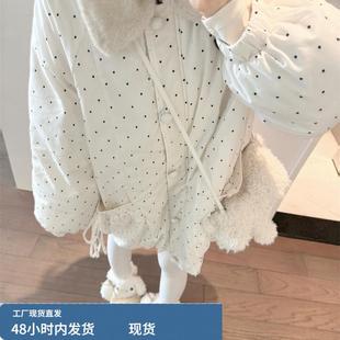 巨好看的冬装外套厚女2025新款韩系毛毛领波点中长款花苞保暖棉服