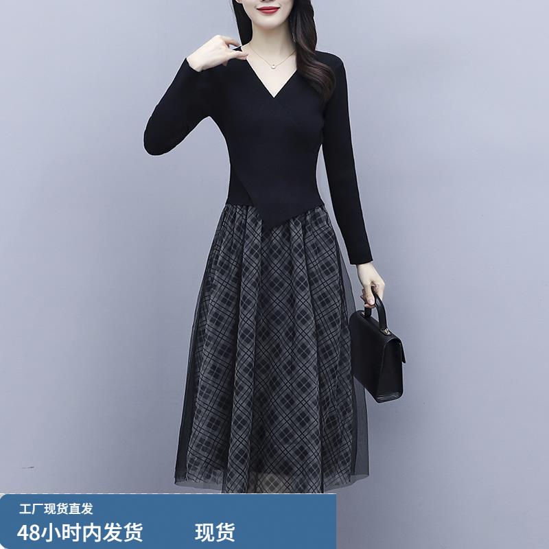 连衣裙子女士装春秋冬季2025年新款爆款假两件v领长袖打底气质a字