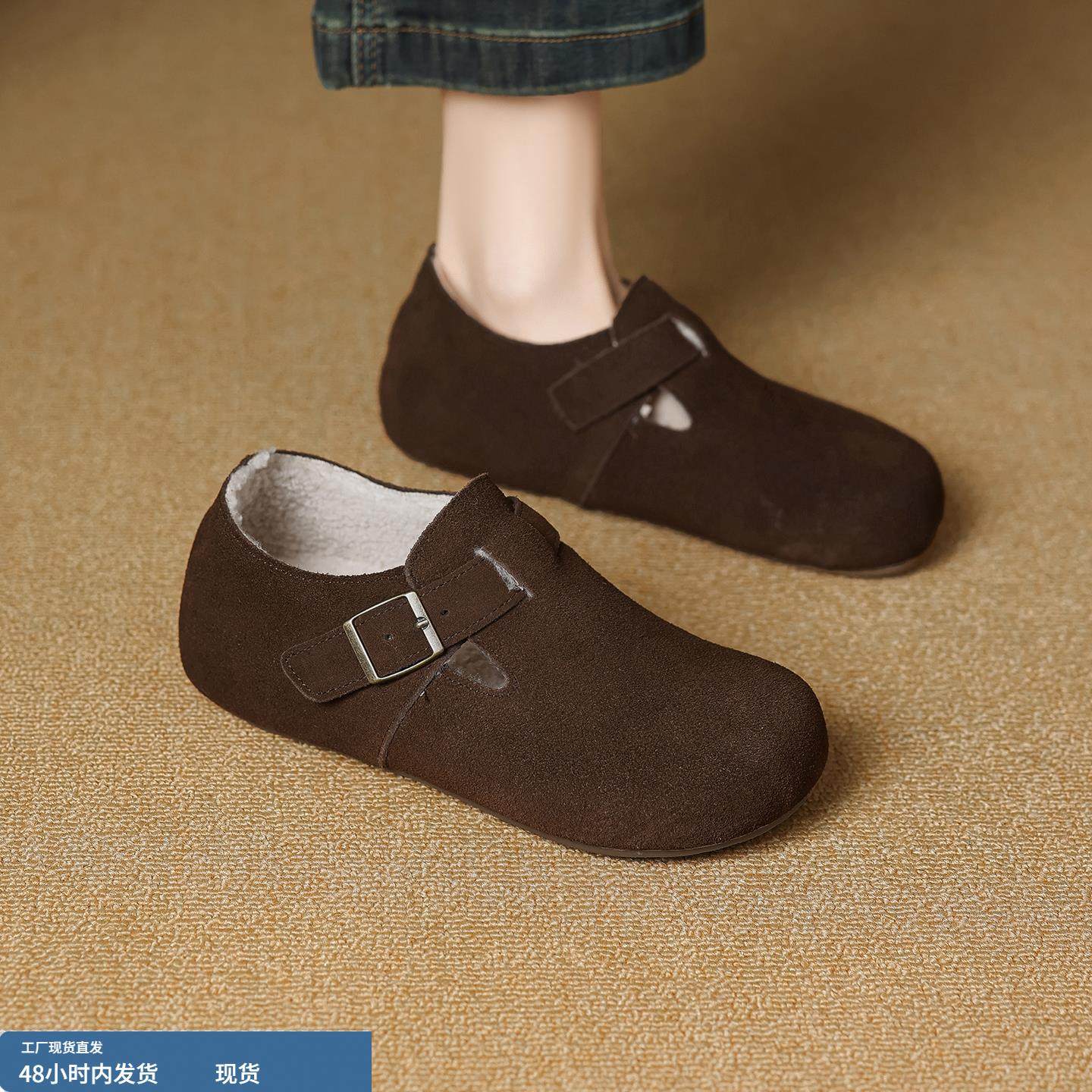 牛皮版~内增高全包勃肯鞋女秋冬加绒保暖毛毛棉鞋皮带扣博肯单鞋