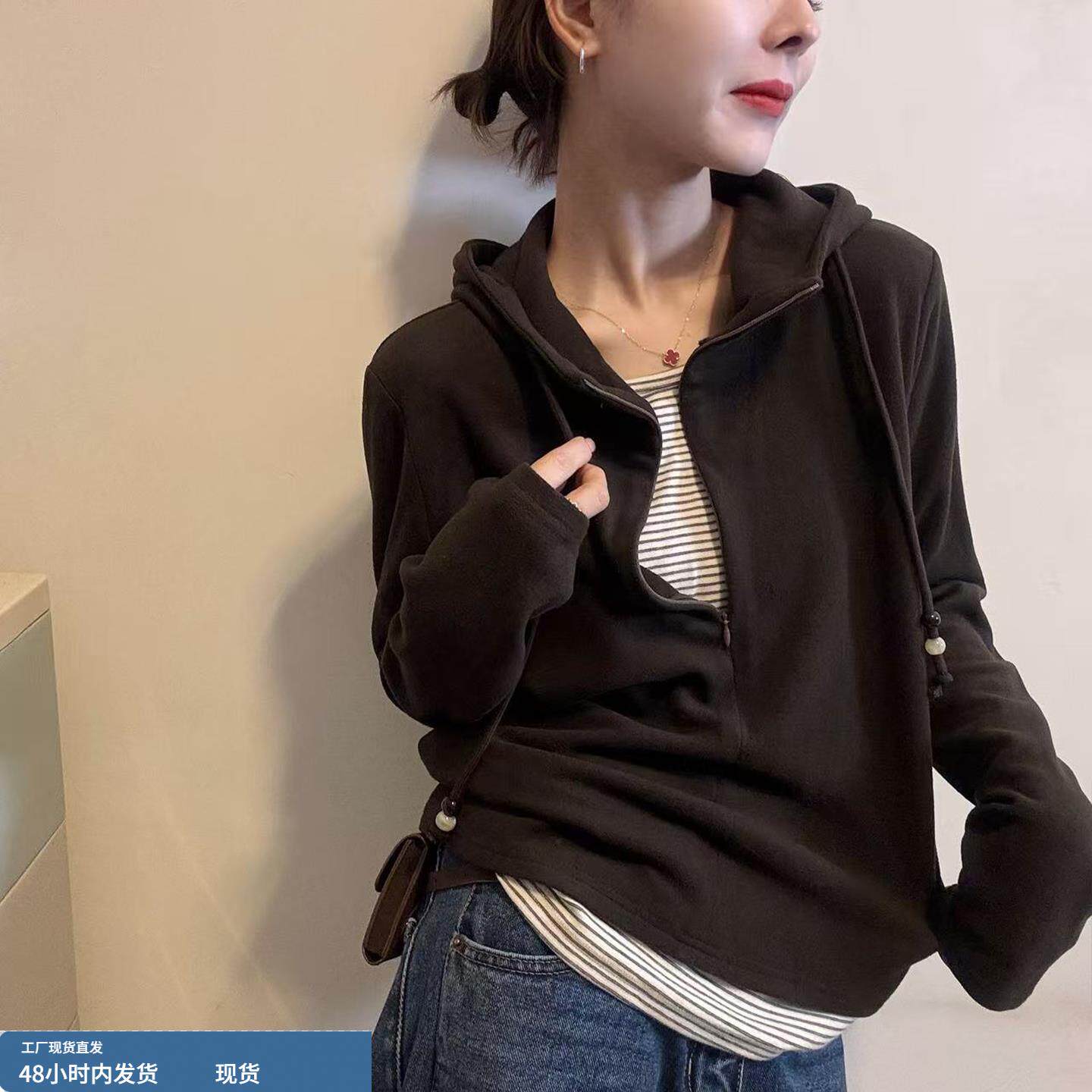 半开胸假两件连帽卫衣女秋冬新款宽松休闲条纹撞色设计感上衣潮