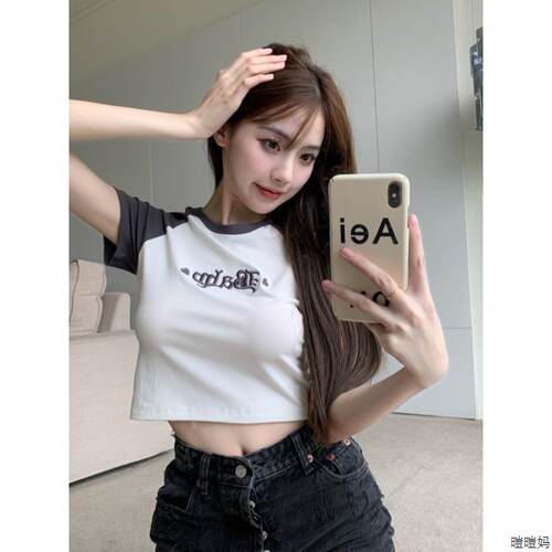 插肩袖拼色刺绣T恤女露脐修身短袖2025新款夏季辣妹美式短款上衣