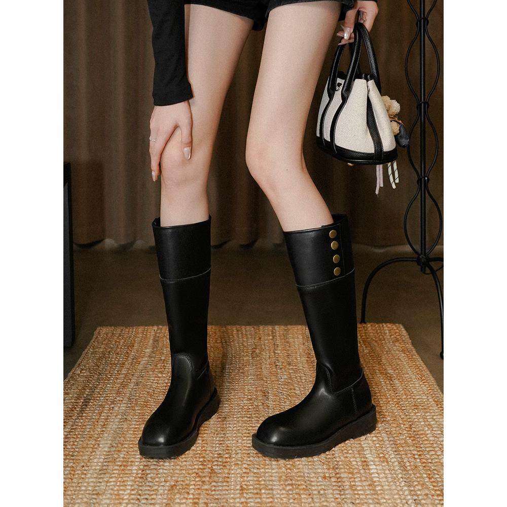 梨小七~覆古搭扣厚底黑色长靴子女真皮粗腿不过膝辣妹方头骑士靴