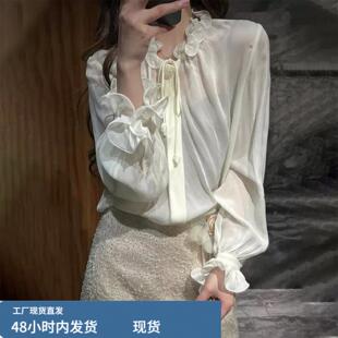 桑蚕丝白色蕾丝花边法式复古长袖衬衫女款2026新款夏季小香风上衣