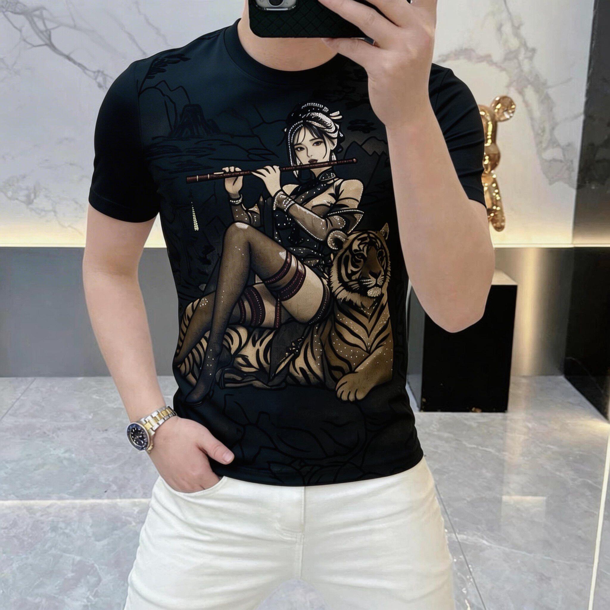 高品质夏季欧货圆领烫钻印花短袖T恤男士时尚修身半袖体恤男装潮