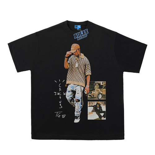Travis Scott 说唱vintage人像宽松短袖T恤嘻哈饶舌直喷tee复古