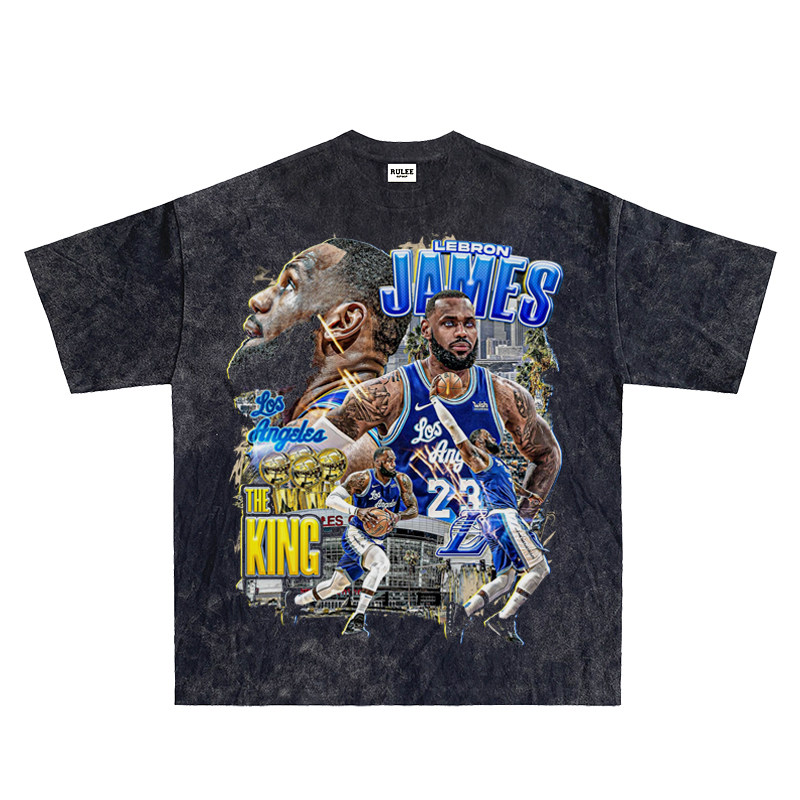 RULEE JAMES Vintage 湖人詹姆斯水洗做旧短袖磨边嘻哈篮球T恤Tee