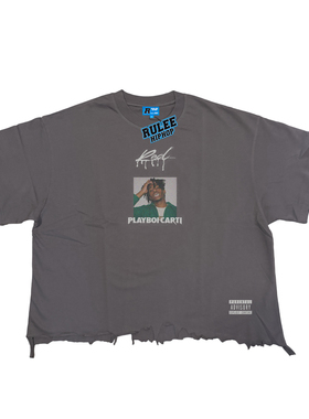 RULEE黑怕 PLAYBOI CARTI 破坏 短袖 宽版 短款 嘻哈复古 T恤说唱