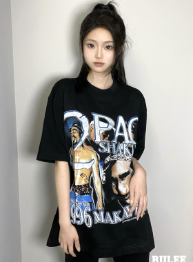 2Pac嘻哈人像图派克印花Vintage说唱Tupac短袖小领口宽松说唱T恤