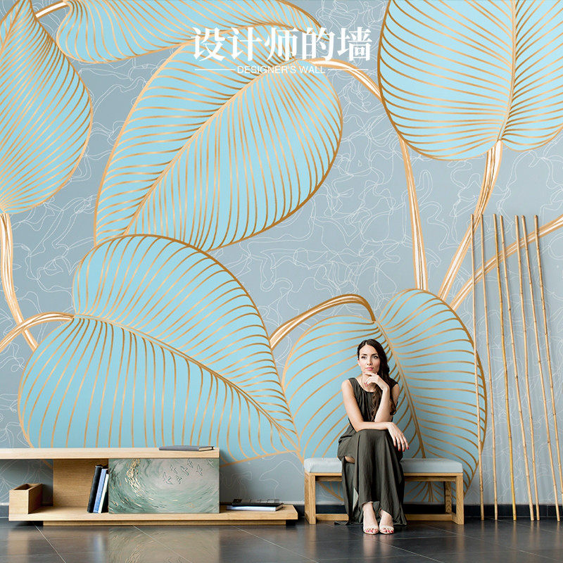 2025新款金边蓝叶简约客厅电视机背景墙壁纸现代卧室餐厅装饰壁画