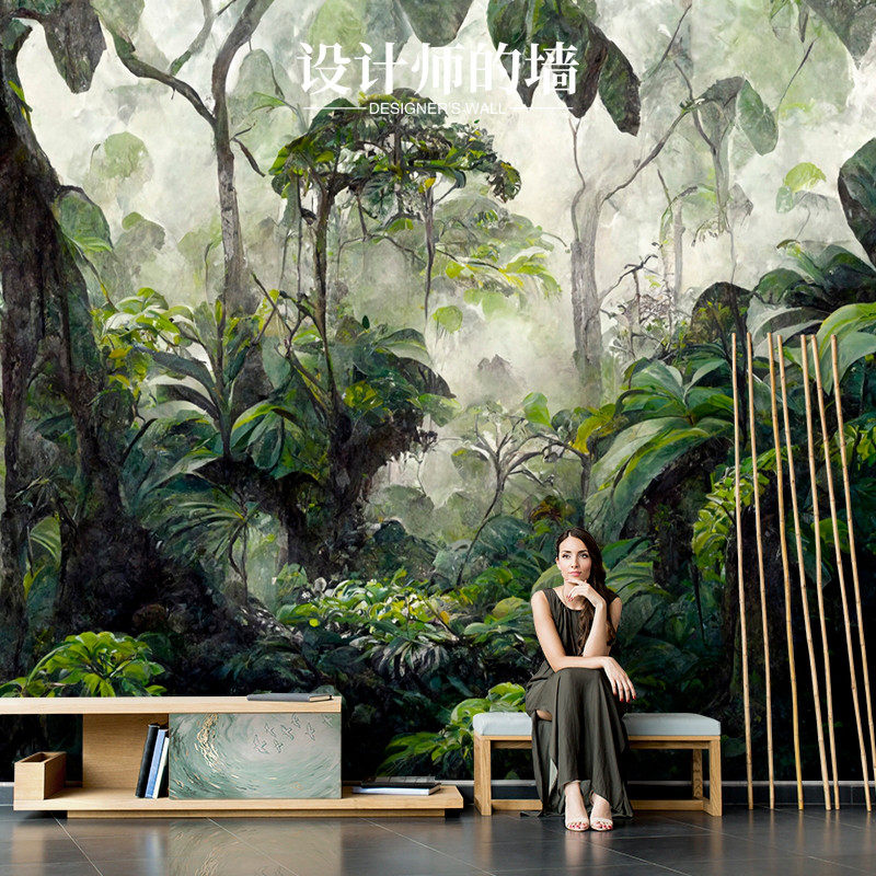 东南亚热带雨林棕树客厅电视背景墙壁纸芭蕉叶高级感背景定制壁纸