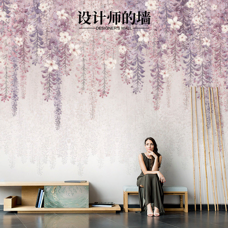 2025新款紫藤花垂落定制款壁画无纺布墙纸卧室浪漫背景墙壁布壁纸