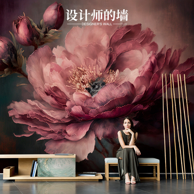 北欧绽放花卉高级感背景布单花装饰定制壁画客厅电视机背景墙壁纸图片