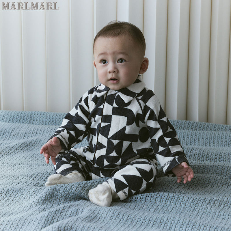 MARLMARL婴儿连体衣弹性吸湿哈衣新生儿宝宝家居服calin深蓝方块