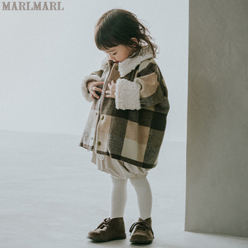 新款男女羊毛保暖大衣童装棋盘格