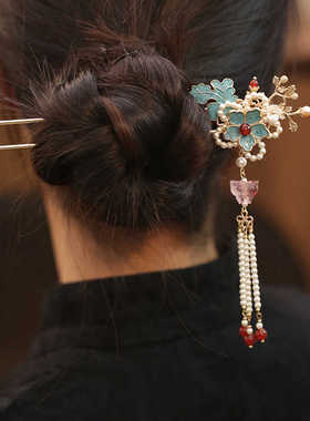u形发簪2025新款高端新中式国风簪子女古风步摇烧蓝花朵旗袍发饰