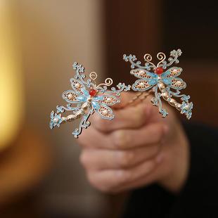 新中式u型发簪日常通勤蜻蜓发髻簪子女童烧蓝发钗明制汉服发饰品