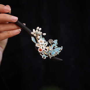 2025新款发簪高级感小众中国风簪子檀木烧蓝蝴蝶发饰古风旗袍头饰