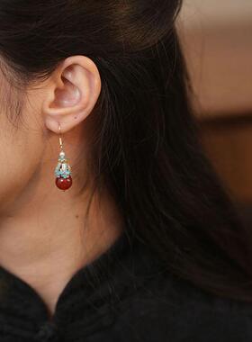 烧蓝中式耳环红色玛瑙古风女耳坠秋冬天旗袍高级感精致耳饰设计感