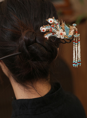 古风凤凰发簪2025新款高端双面盘头发簪子流苏步摇檀木簪旗袍发饰